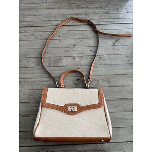Modus Rio Lauren Flap Top Handle Tote Bag Leather Linen Cognac